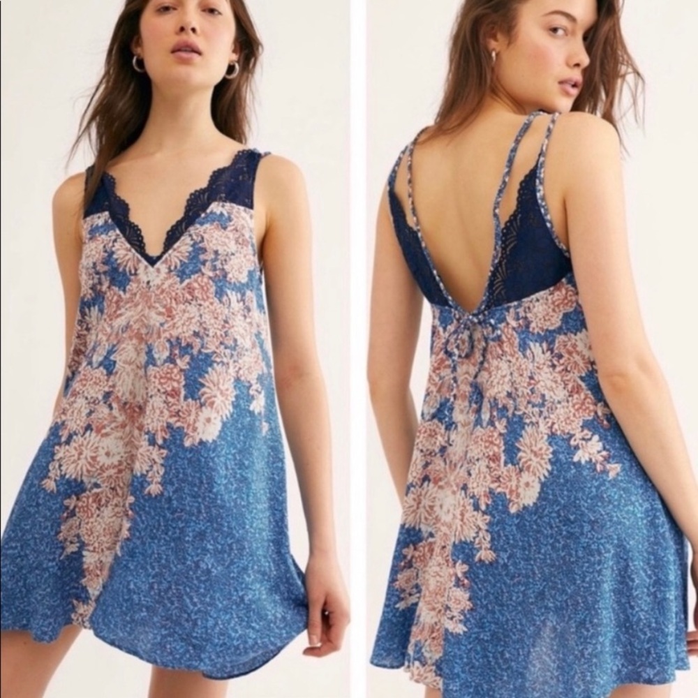 Free People Blue and Pink Floral Lace-Trim Chemise